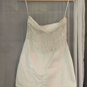 12th Tribe White Denim Mini Dress with Silver Fringe
